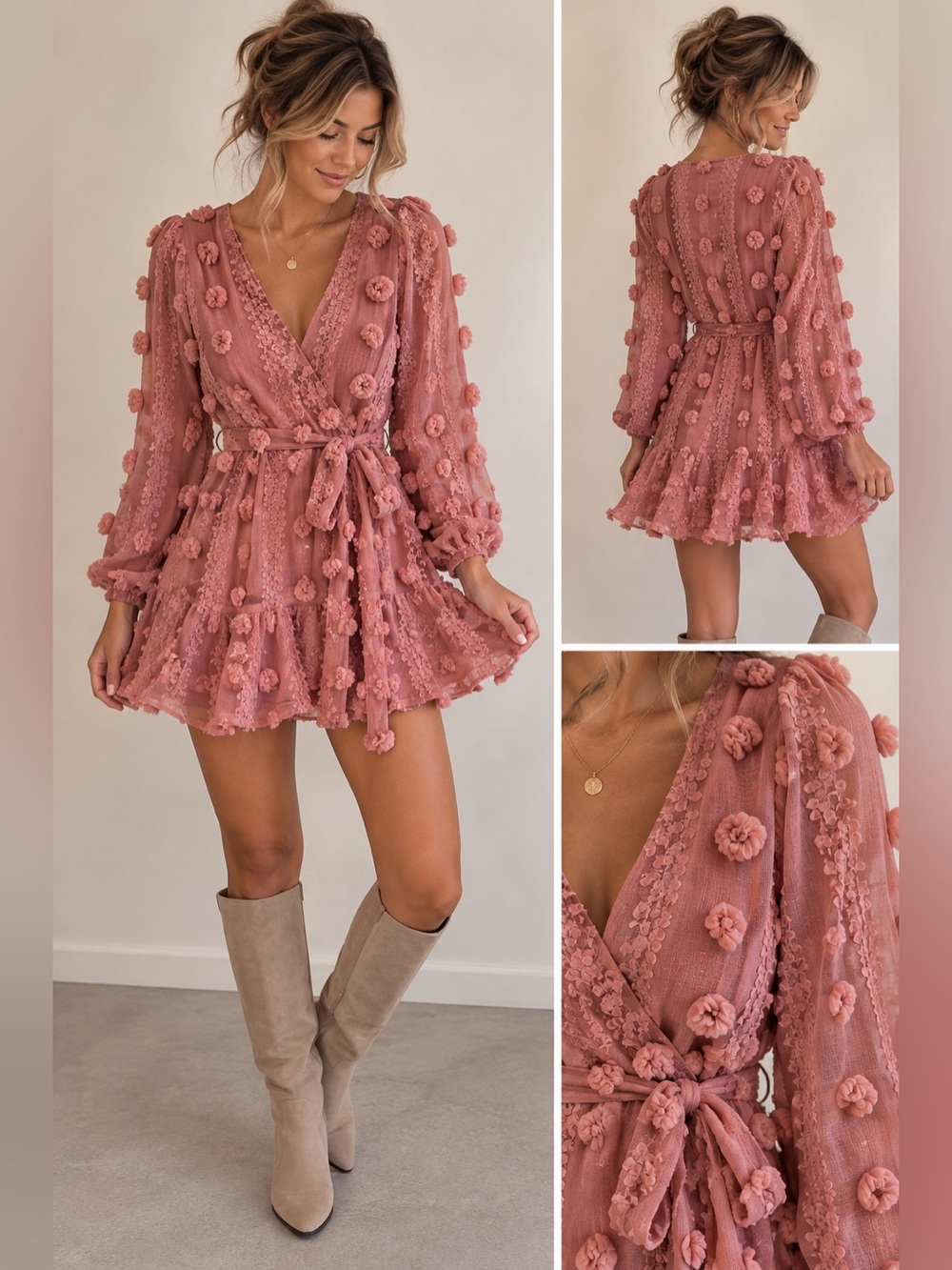 Flying Tomato Dusty Rose Pom-Pom Wrap Mini Dress